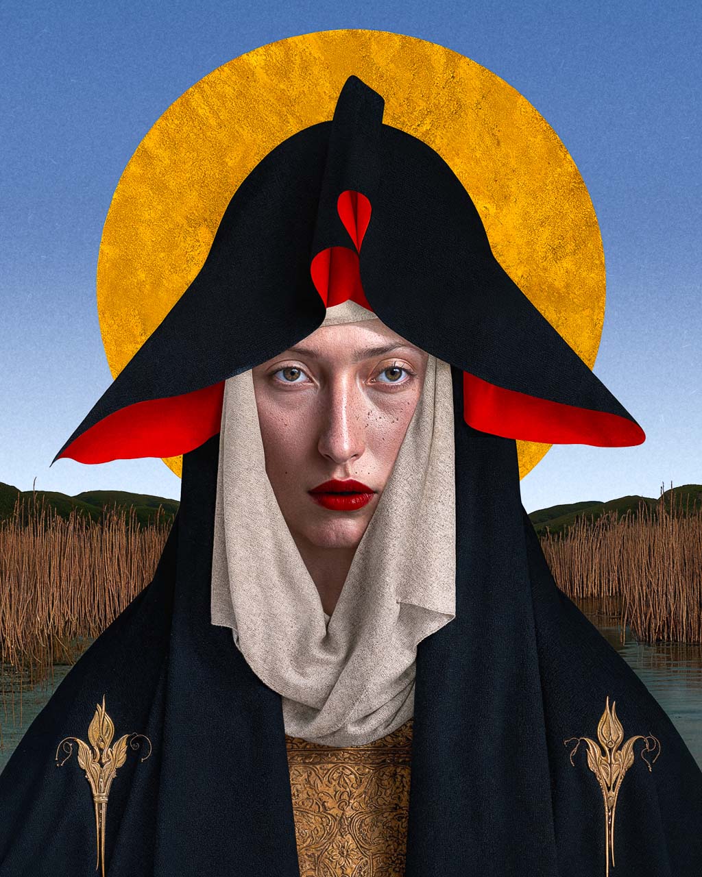 The Ash Mother surreal wall art print depicting a solemn hooded figure with a golden halo, red accents, and a quiet marsh landscape.