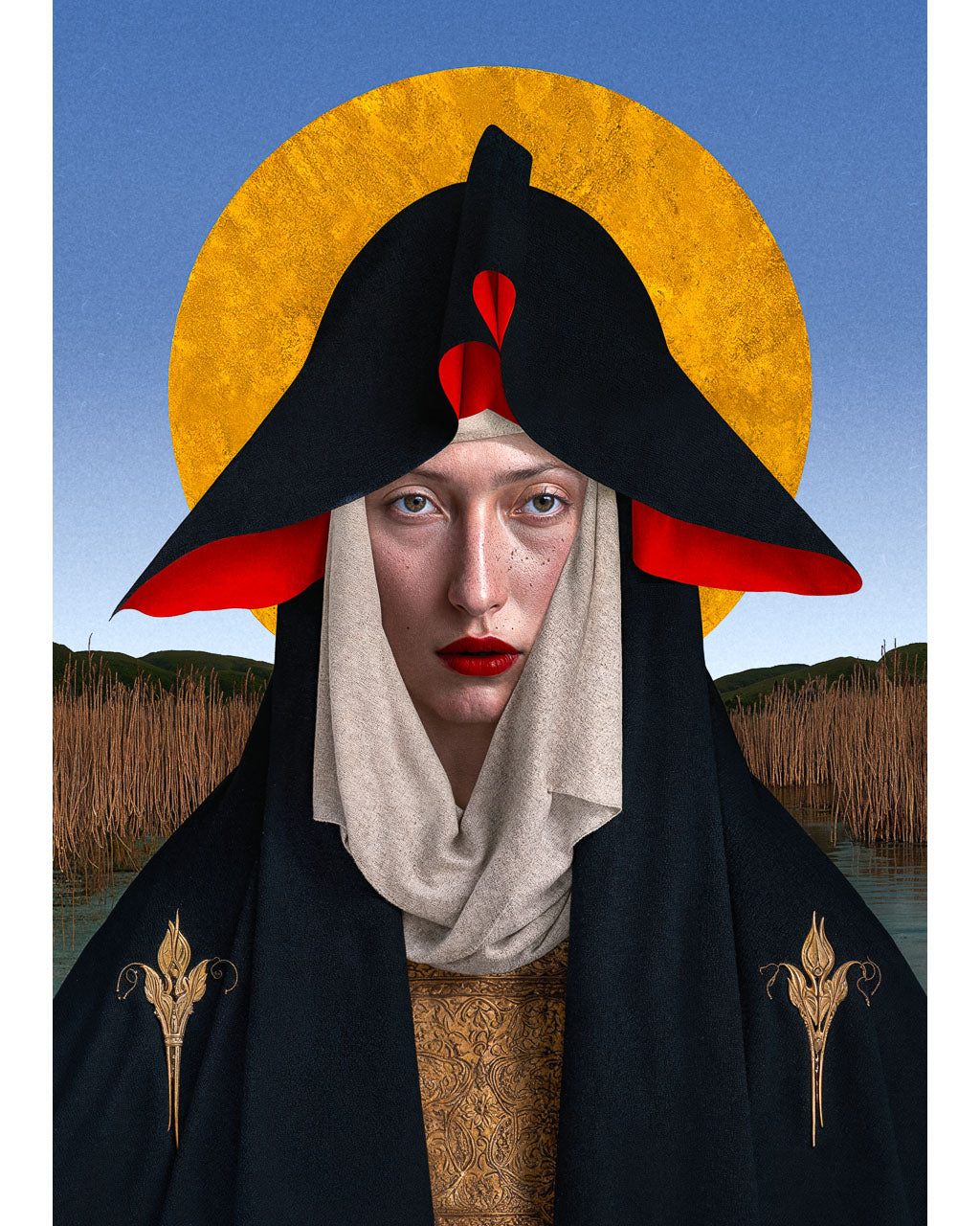The Ash Mother surreal wall art print depicting a solemn hooded figure with a golden halo, red accents, and a quiet marsh landscape.