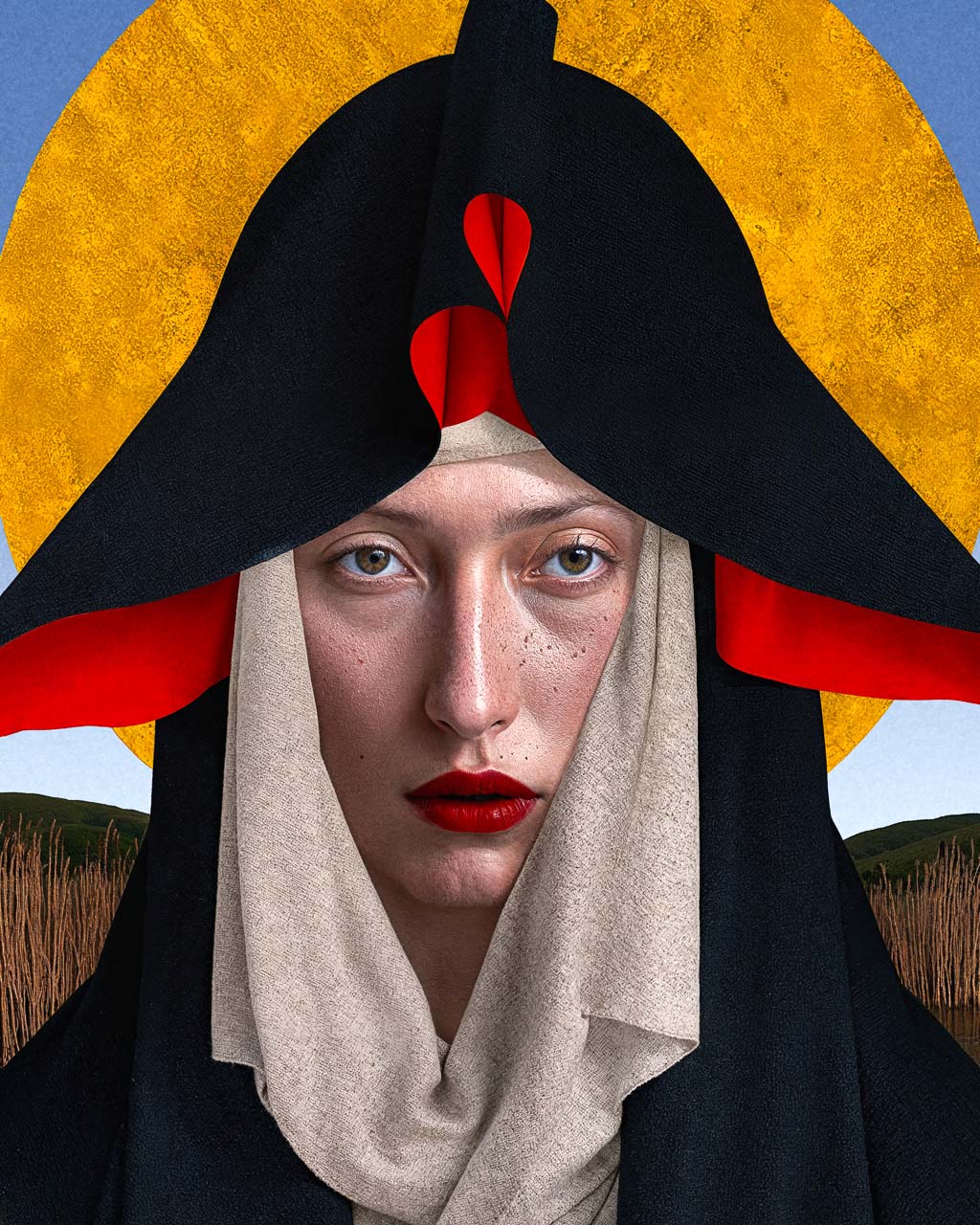 Close-up of The Ash Mother, a surreal occult portrait featuring a woman in a black ceremonial hood before a golden halo and reed-filled landscape.