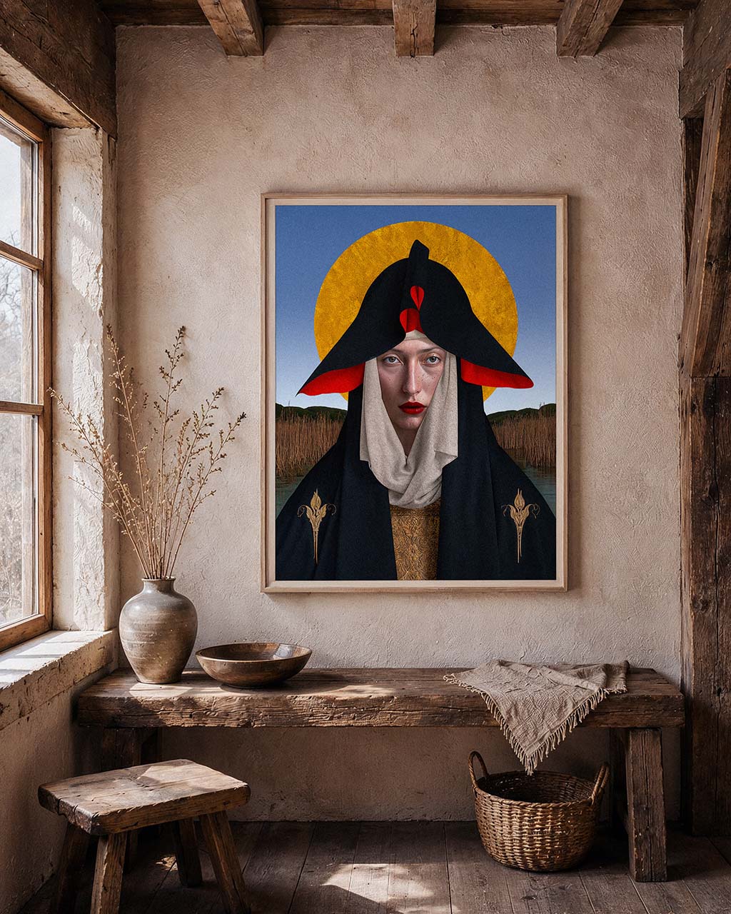 Framed The Ash Mother surreal art print displayed in a rustic room with timber beams, handmade wooden furniture, and warm natural light.