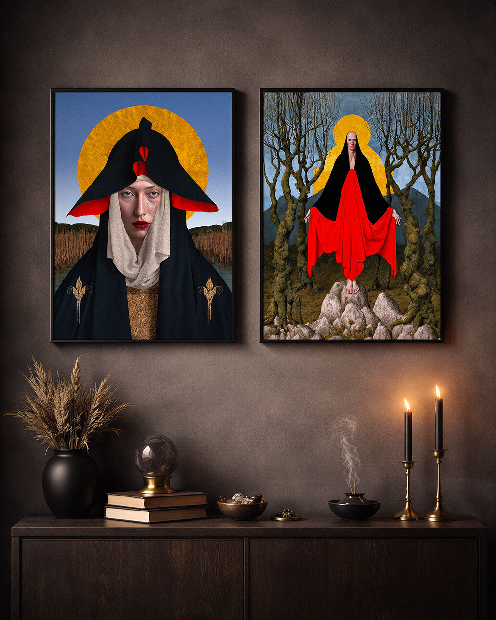 The Ash Mother and The First Wytch displayed together as framed surreal art prints, combining modern folk horror with religious iconography.