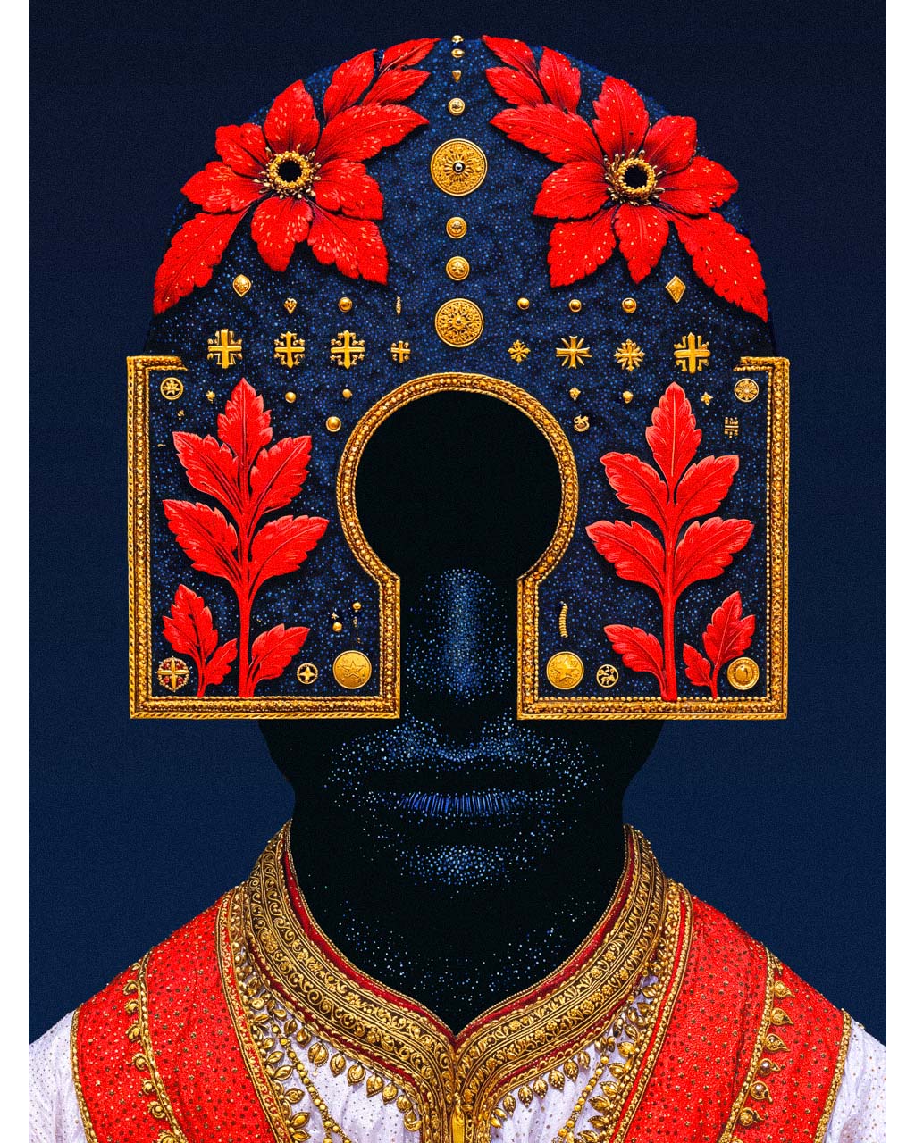 Surreal art poster featuring a dark faceless figure with red flowers and gold ornamentation.