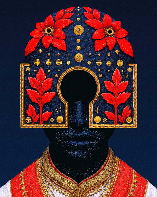 Surreal art poster featuring a dark faceless figure with red flowers and gold ornamentation.