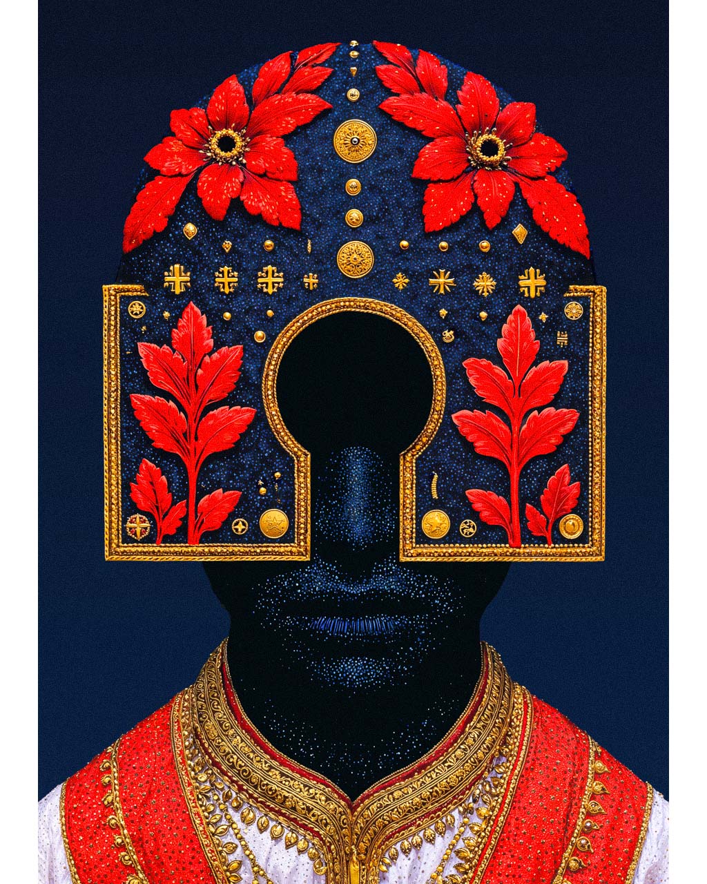 Surreal art poster featuring a dark faceless figure with red flowers and gold ornamentation.
