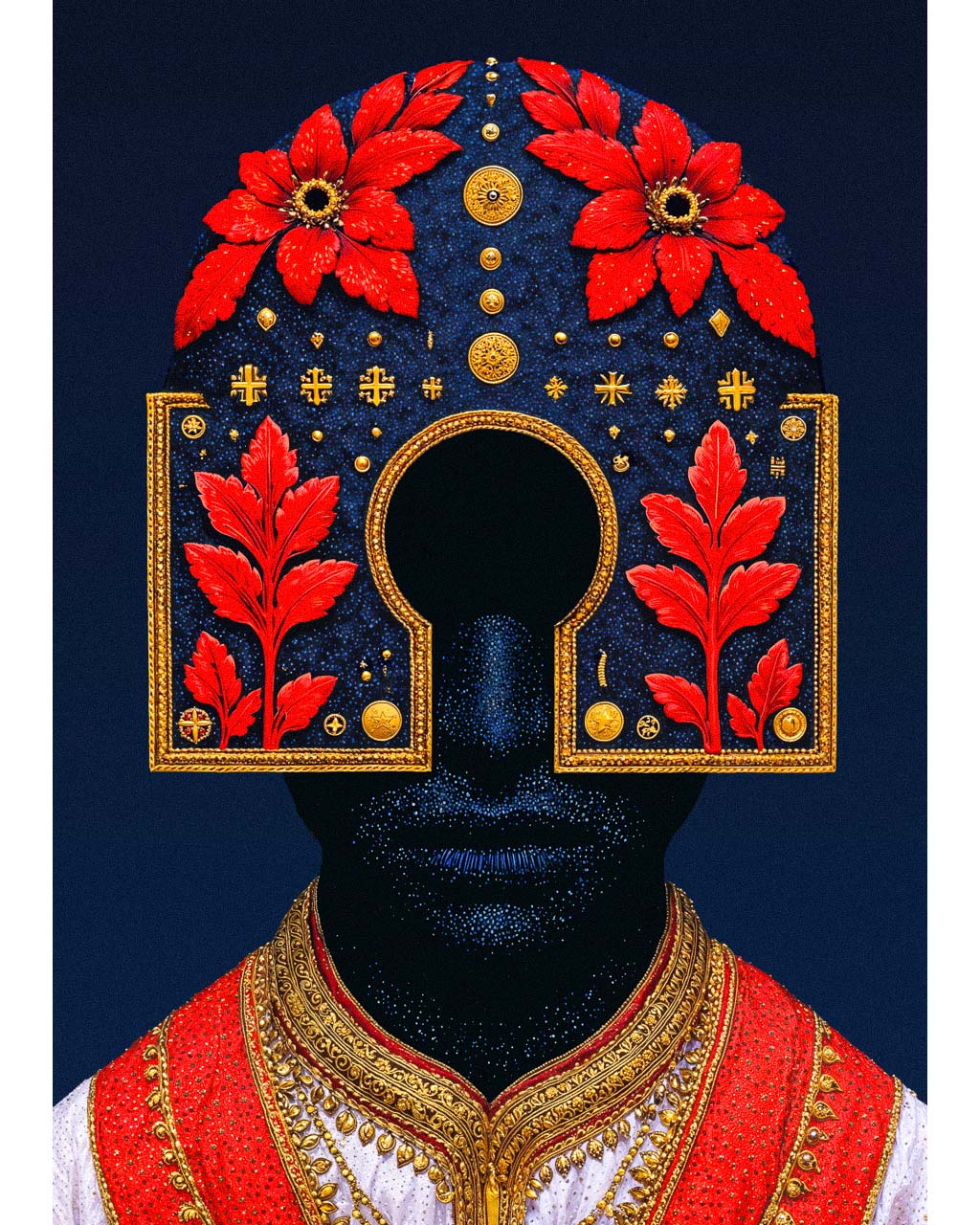 Surreal art poster featuring a dark faceless figure with red flowers and gold ornamentation.
