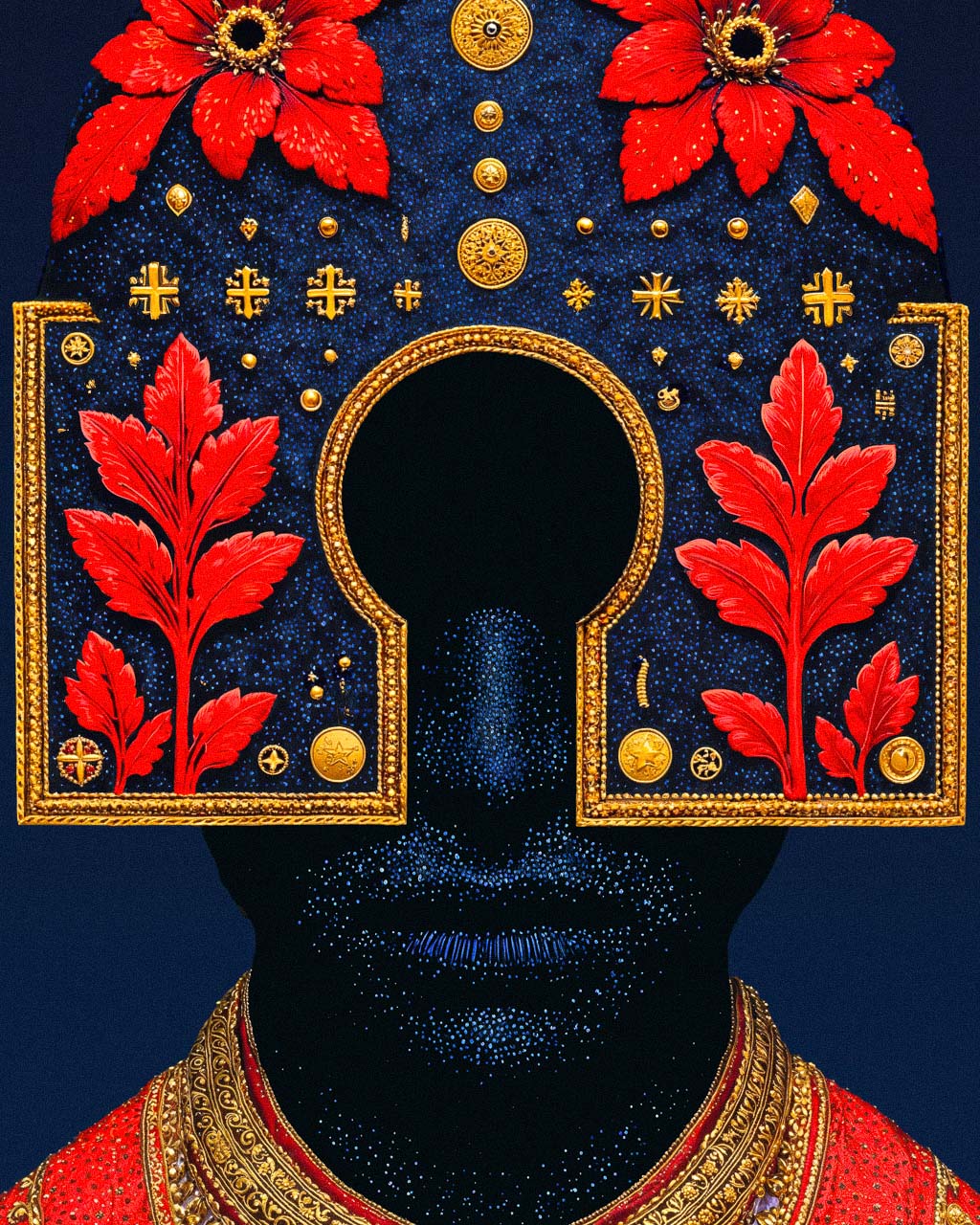 Closeup of a surreal art poster featuring a dark faceless figure with red flowers and gold ornamentation.
