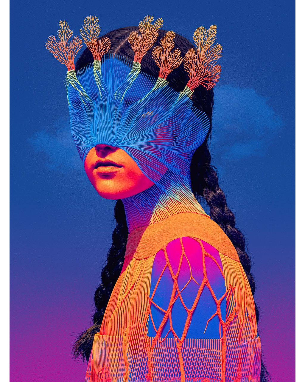 Surreal portrait of a woman with her eyes covered by blue linear patterns and coral-like branches growing from her head against a deep blue background.