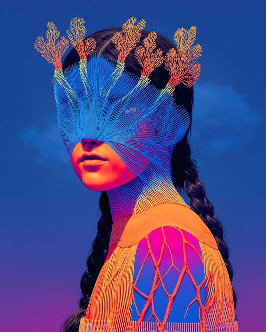 Surreal portrait of a woman with her eyes covered by blue linear patterns and coral-like branches growing from her head against a deep blue background.