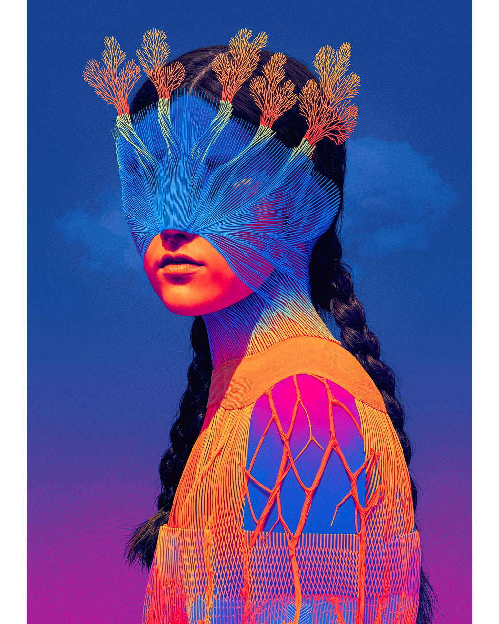 Surreal portrait of a woman with her eyes covered by blue linear patterns and coral-like branches growing from her head against a deep blue background.