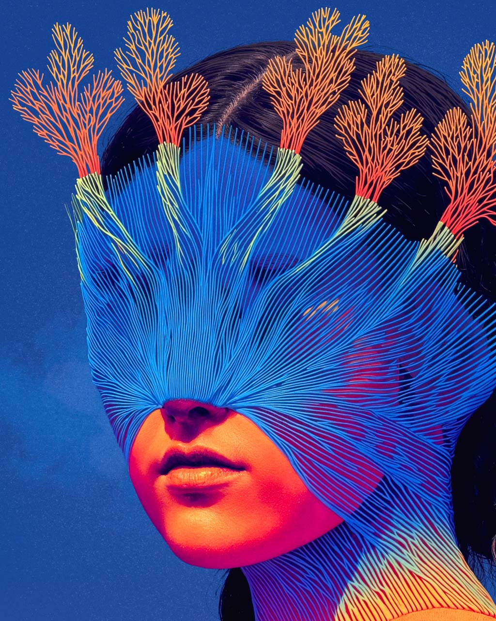 Closeup of the woman’s face covered in blue linear patterns and coral-like branches, with intricate details.