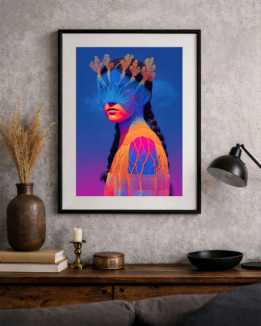 Framed surreal poster hanging on a textured concrete wall above a wooden shelf with books, a lamp, and decorative objects.