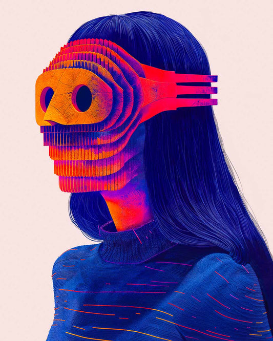 Surreal art poster featuring a blue figure wearing a textured orange mask.