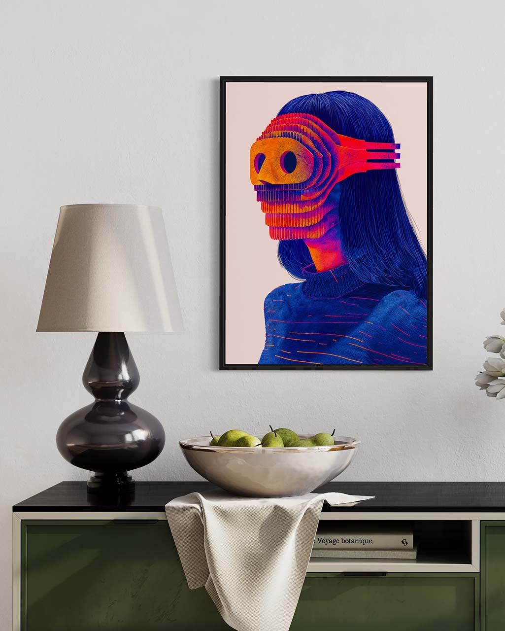 Art poster on the wall in a modern setting. Poster portrays a blue figure wearing a textured orange mask.