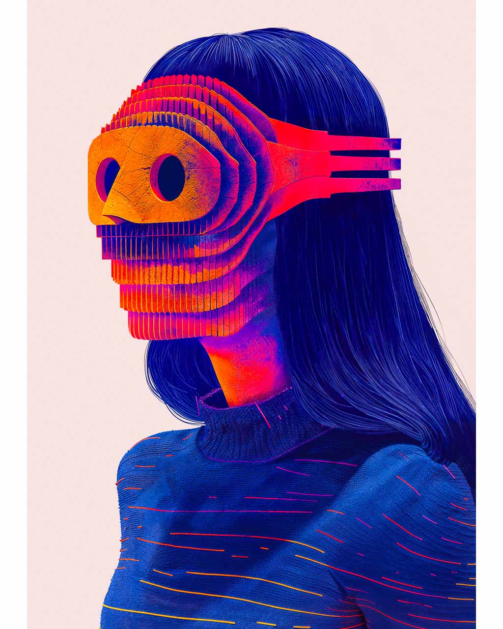 Surreal art poster featuring a blue figure wearing a textured orange mask.
