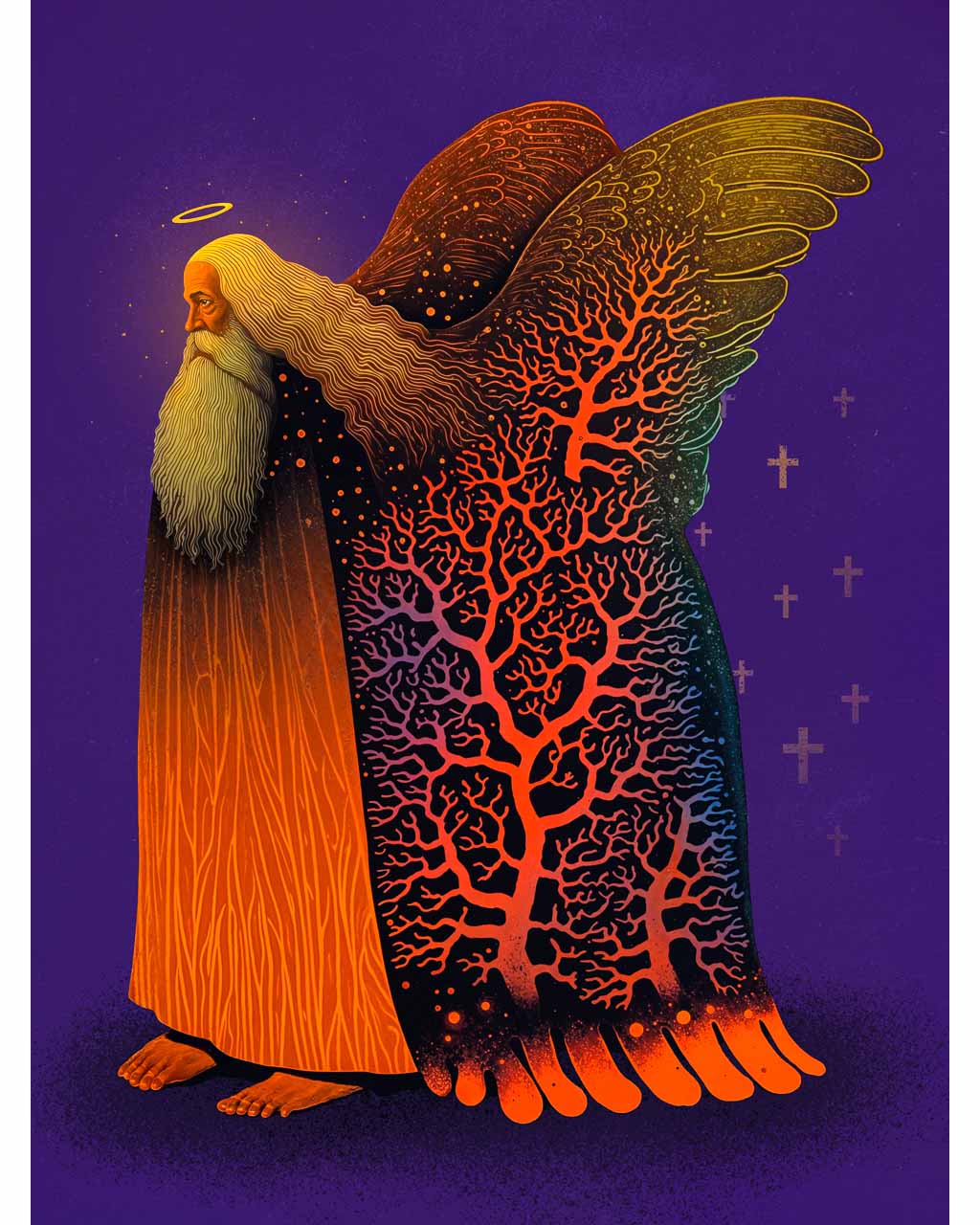 Surreal angelic figure with decaying wings and intricate details