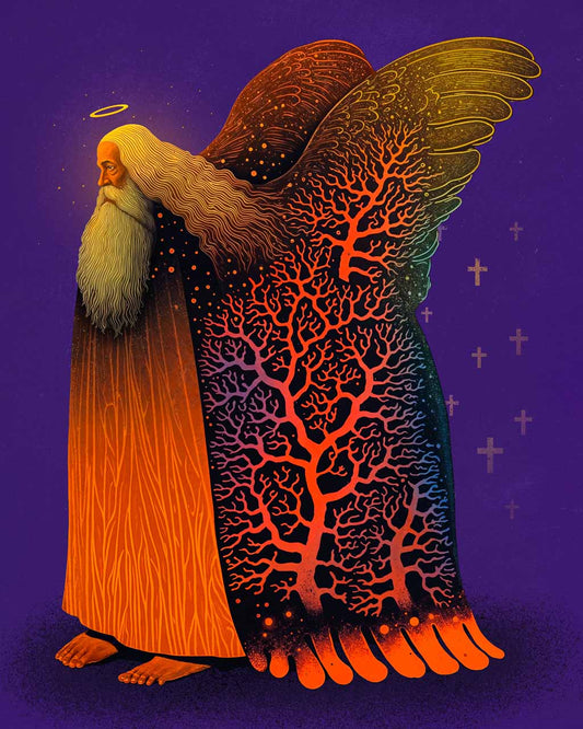 Surreal angelic figure with decaying wings and intricate details