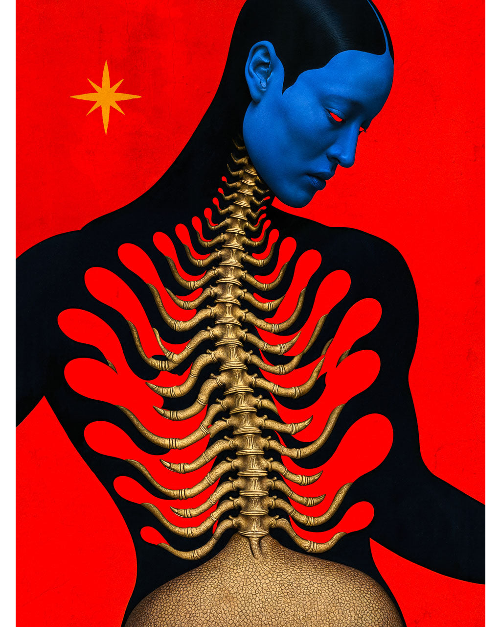 Surreal organic art print featuring a blue-faced figure with an exposed golden spine against a vivid red background.