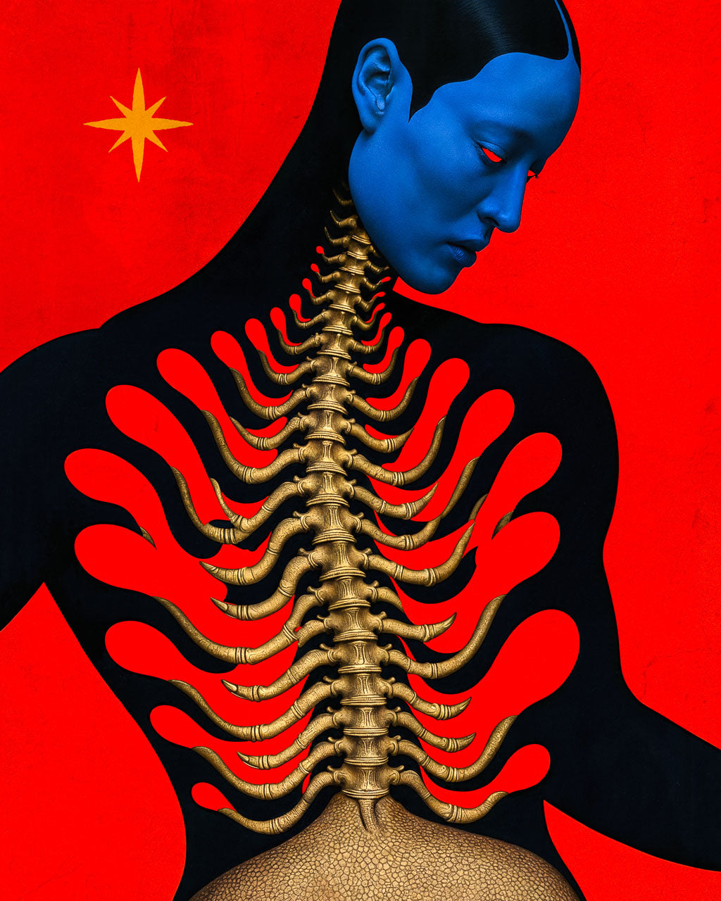Surreal organic art print featuring a blue-faced figure with an exposed golden spine against a vivid red background.