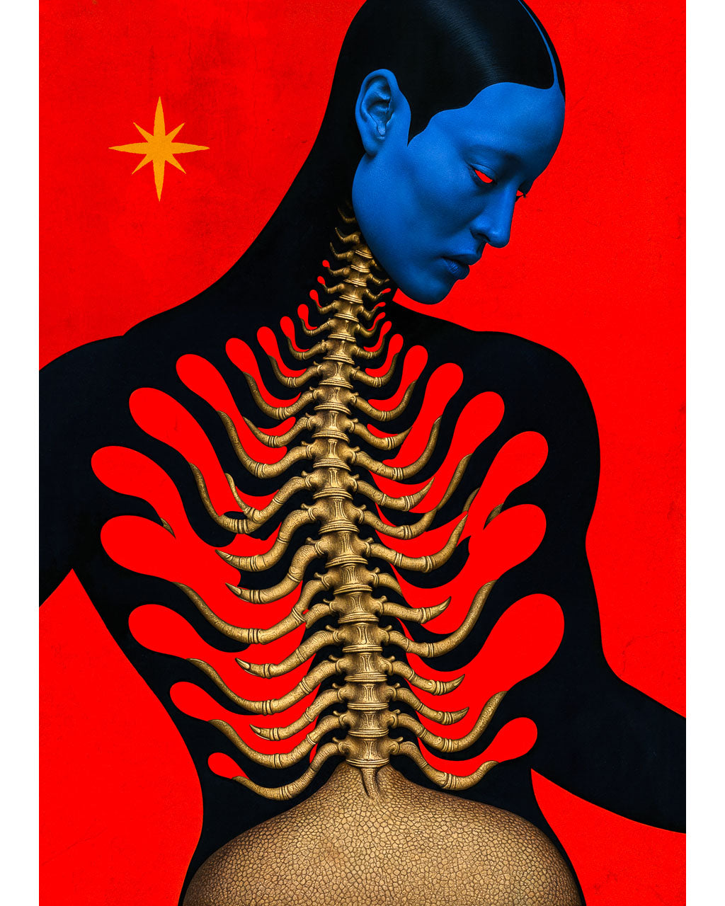 Surreal organic art print featuring a blue-faced figure with an exposed golden spine against a vivid red background.