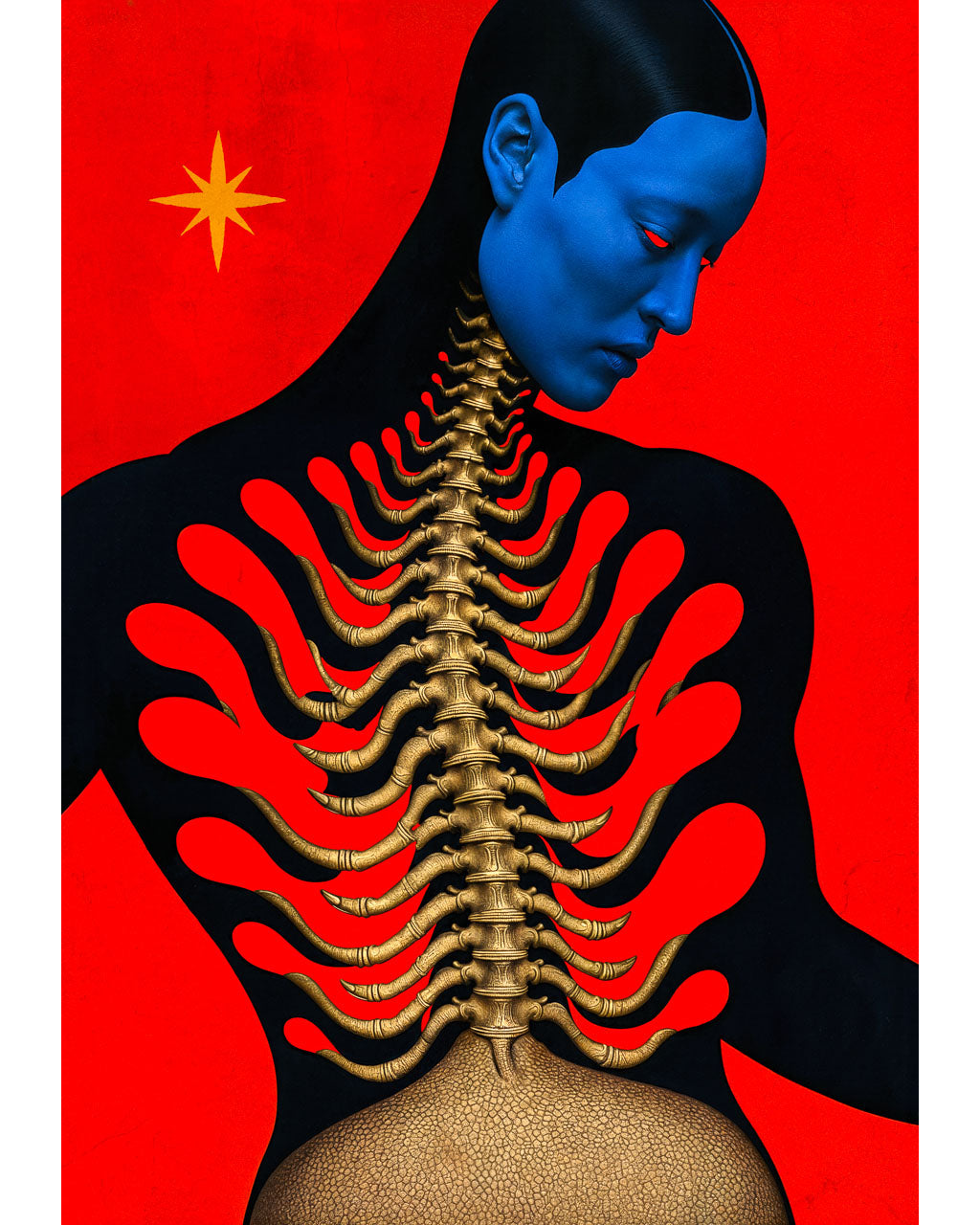 Surreal organic art print featuring a blue-faced figure with an exposed golden spine against a vivid red background.