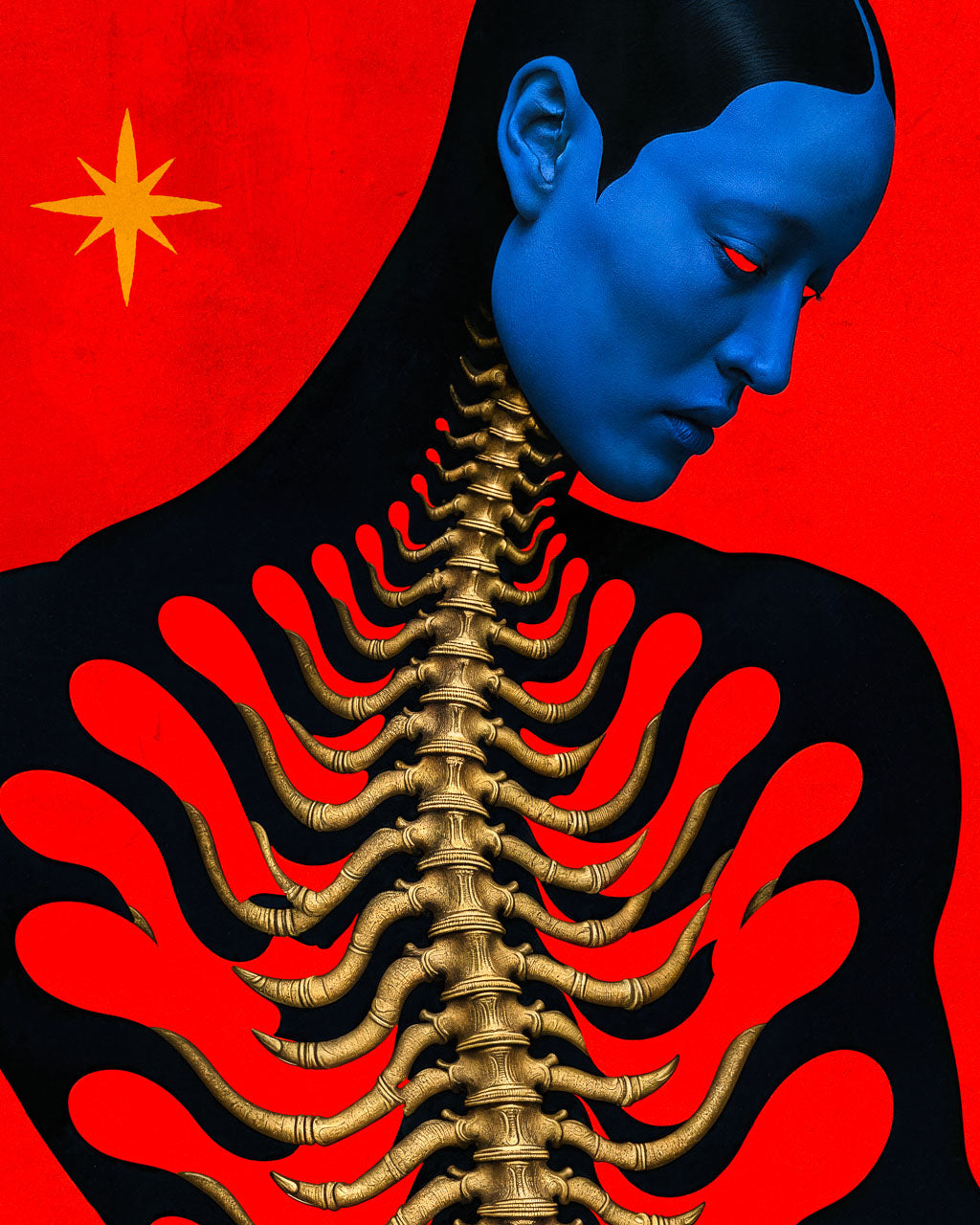 Close-up of Body Revisited showing the blue face, red eyes and branching golden skeletal structure
