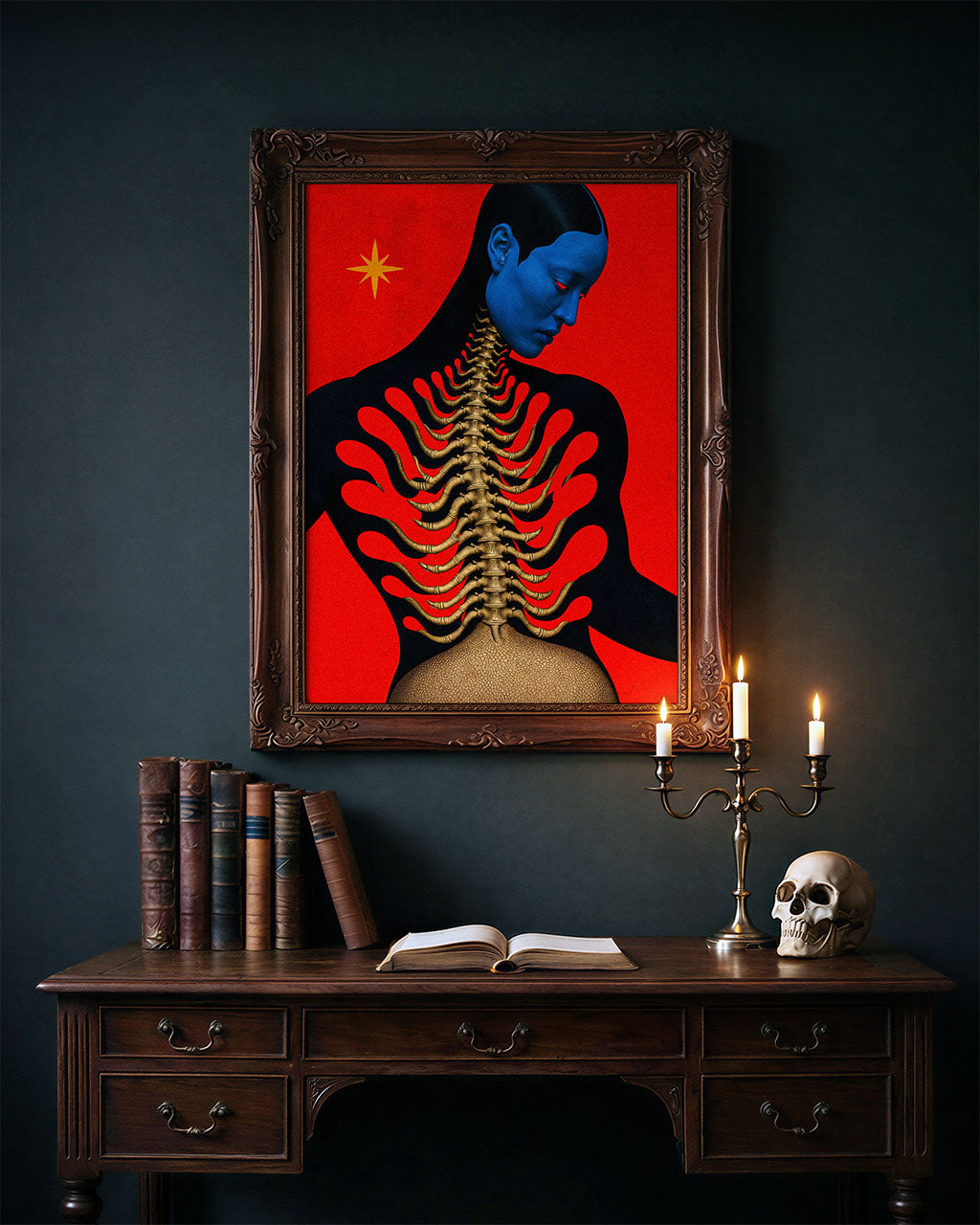 Body Revisited art print displayed in an ornate dark wood frame above a vintage desk in a gothic interior