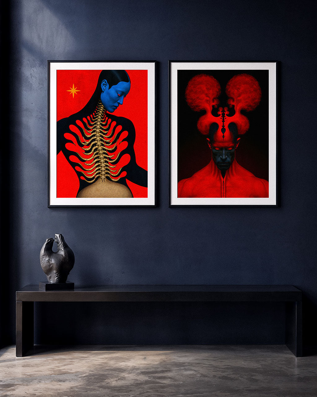 Two framed surreal organic art prints, Body Revisited and False Symmetry in a dark modern interior.