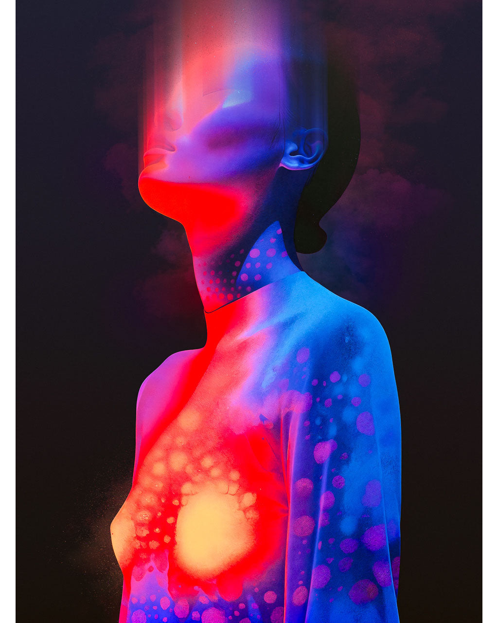 Surreal portrait poster in red and blue tones with a glowing light in the chest