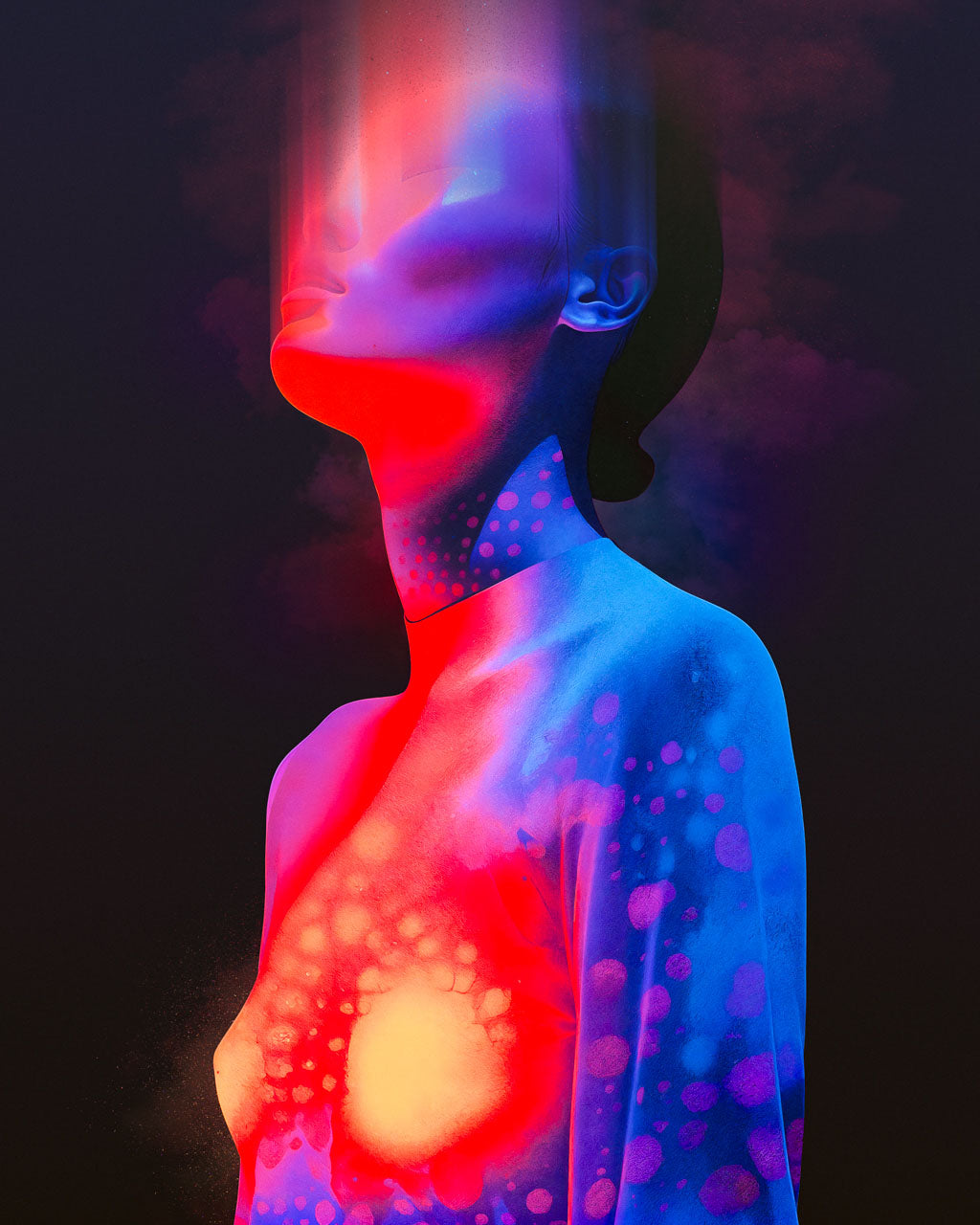 Surreal portrait poster in red and blue tones with a glowing light in the chest