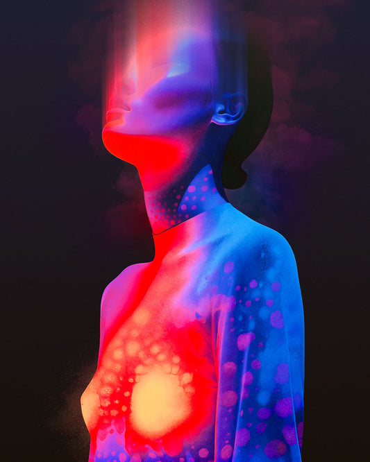 Surreal portrait poster in red and blue tones with a glowing light in the chest