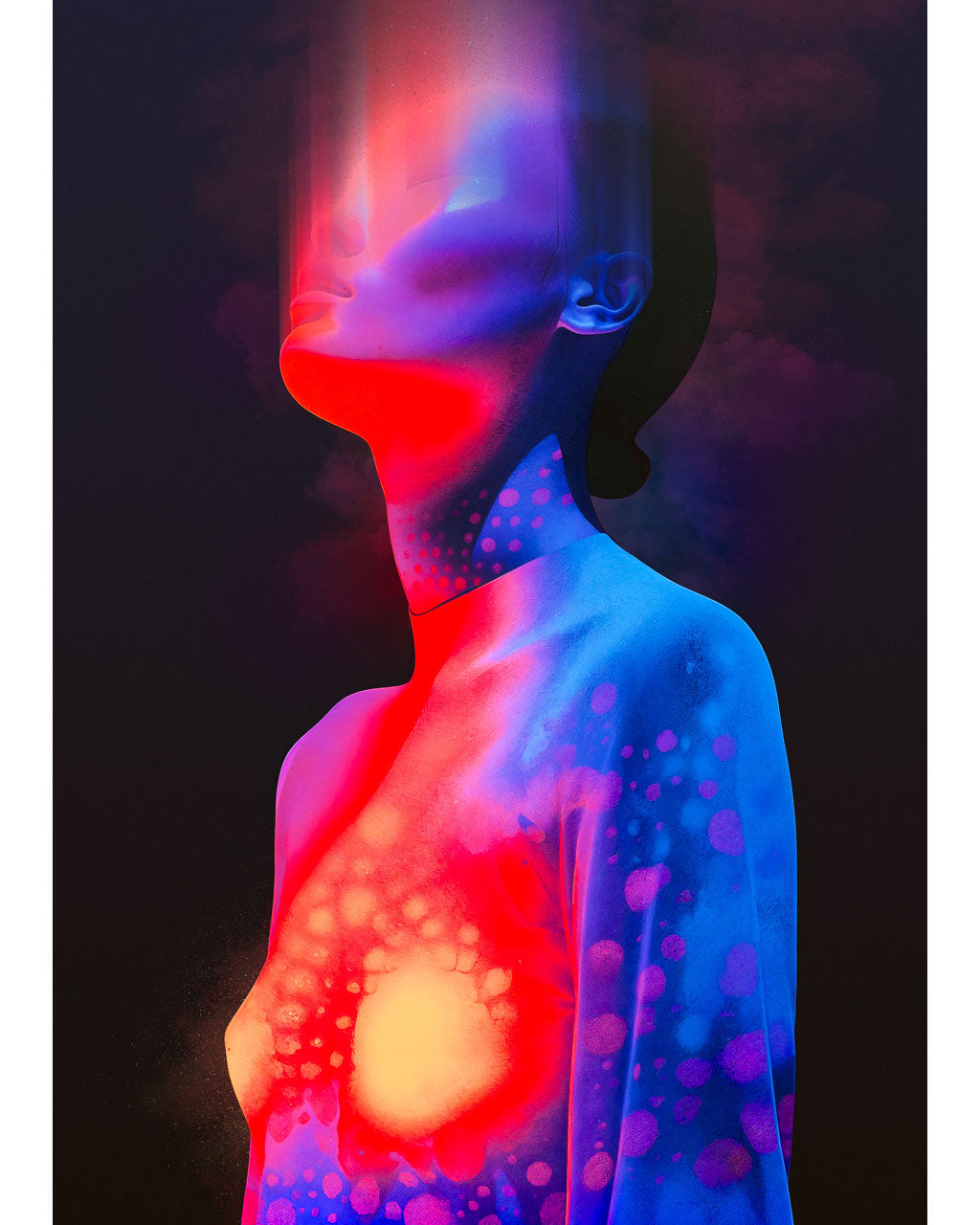 Surreal portrait poster in red and blue tones with a glowing light in the chest