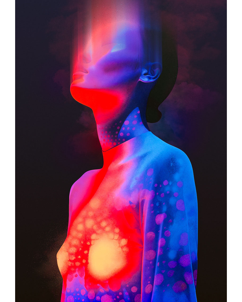 Surreal portrait poster in red and blue tones with a glowing light in the chest