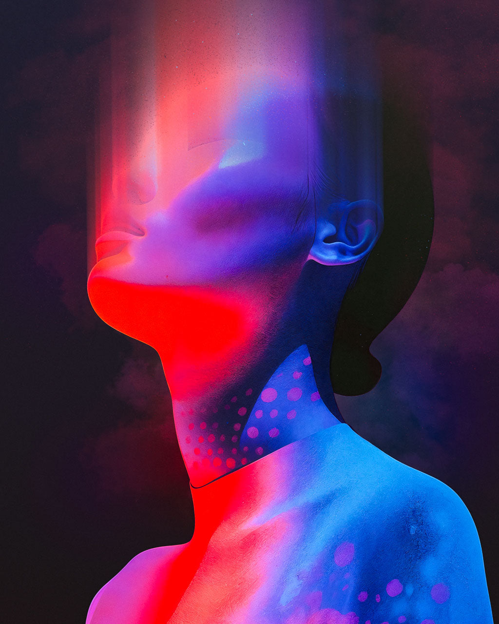 Close-up of surreal portrait poster with red and blue tones and blurred head,