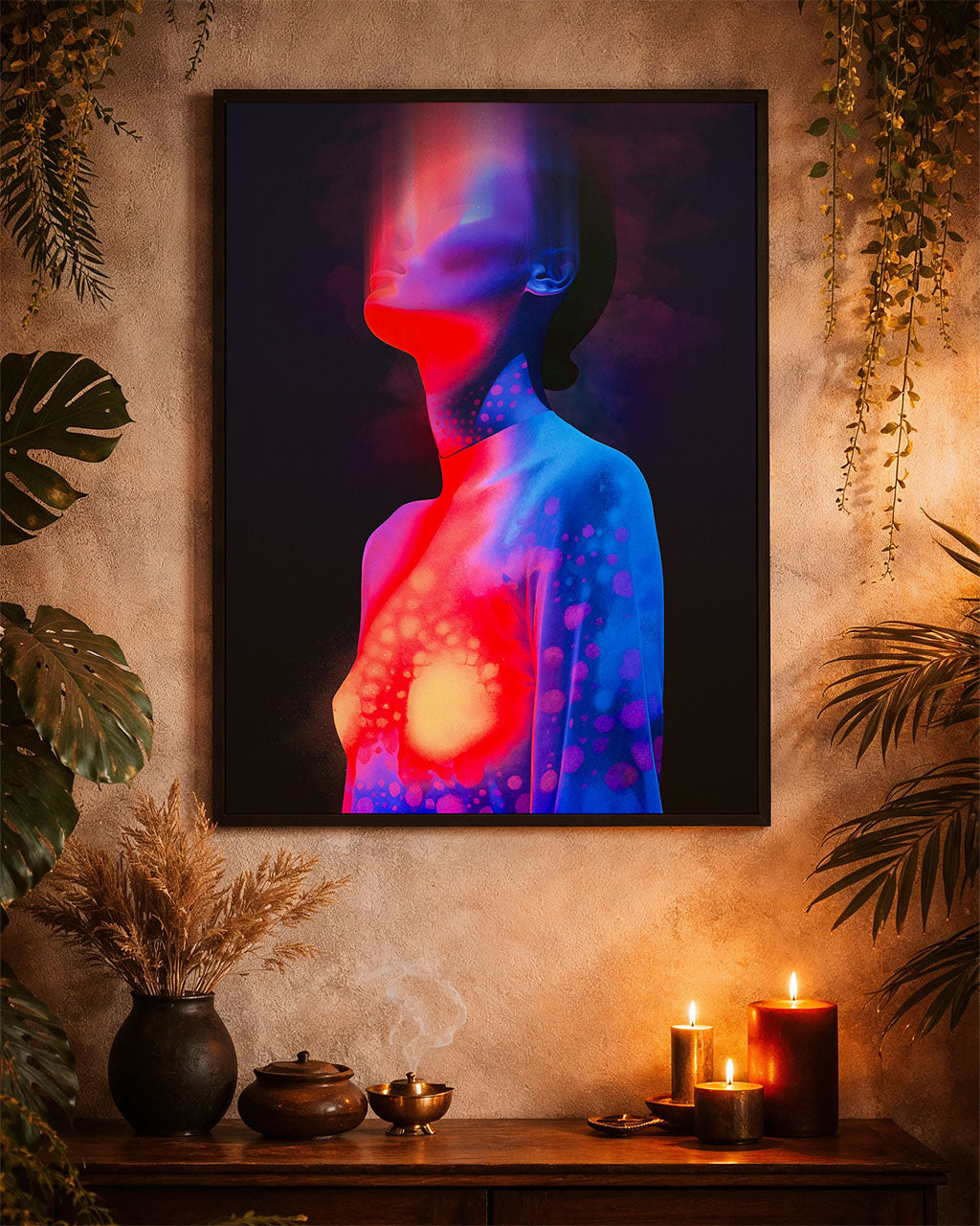 Framed surreal portrait poster in warm moody interior with plants and candles