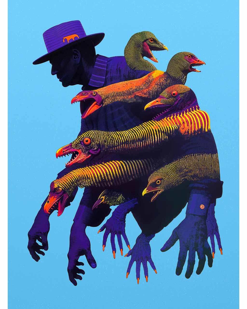 A surreal artwork featuring a shadowy figure surrounded by strange, bird-like creatures with open mouths. 