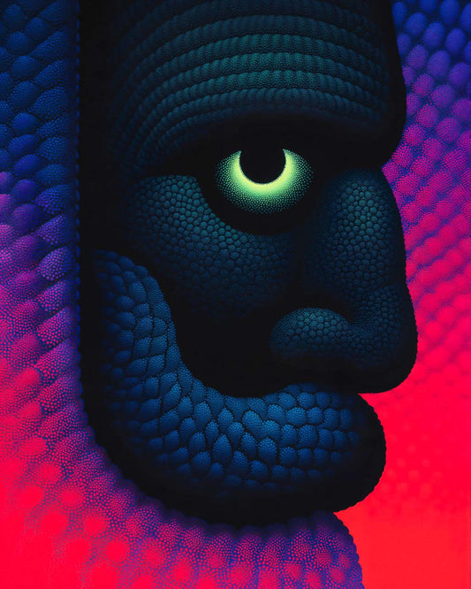 Abstract art poster featuring a bold face with a glowing eye, in vibrant colors of blue, purple, and red.