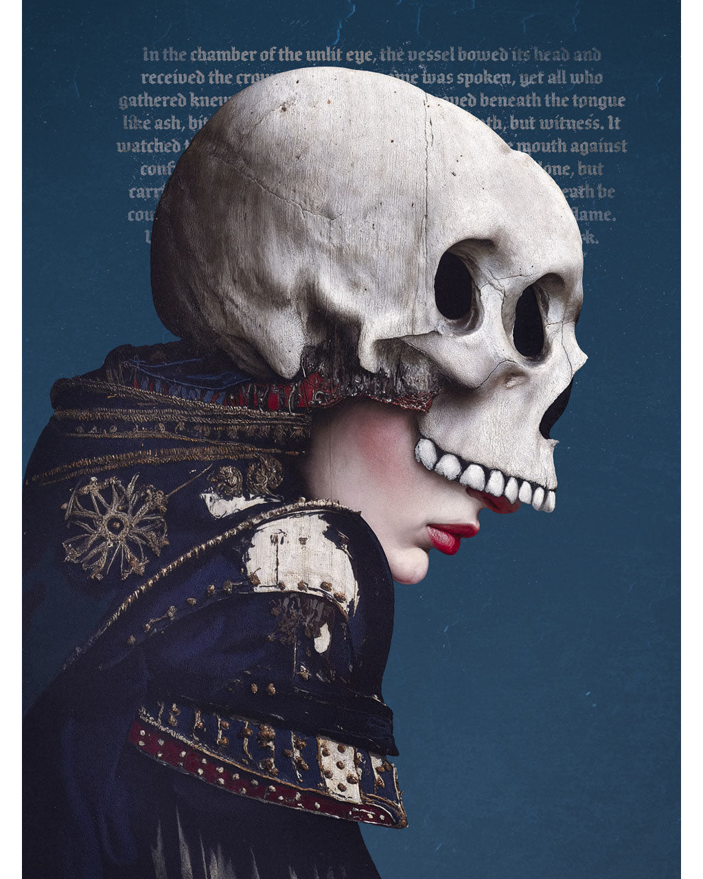 Surreal portrait of a figure wearing a large skull-like mask with occult text in the background.
