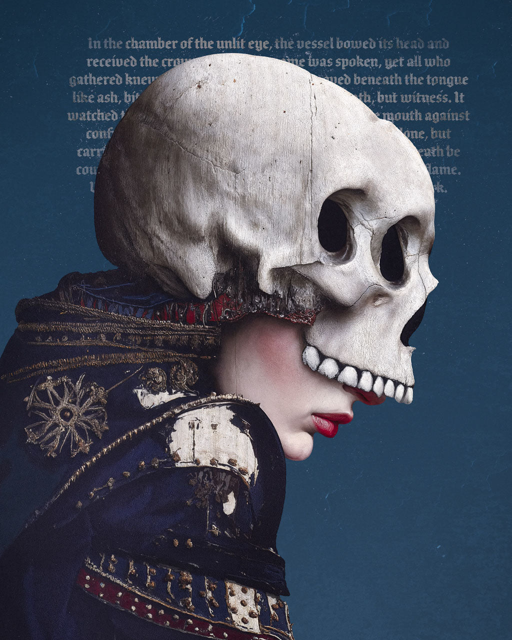 Surreal portrait of a figure wearing a large skull-like mask with occult text in the background.