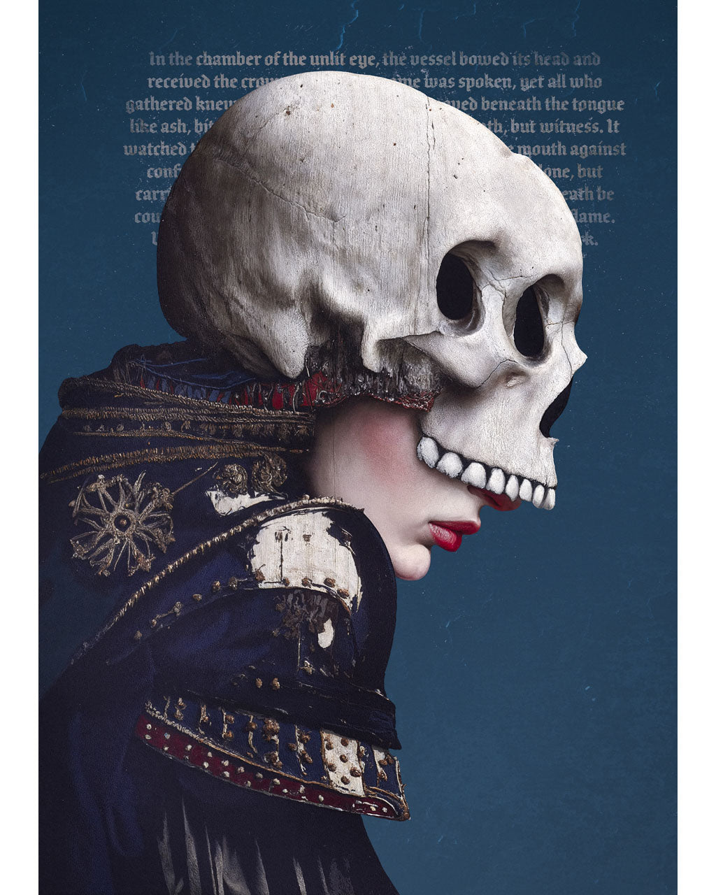 Surreal portrait of a figure wearing a large skull-like mask with occult text in the background.
