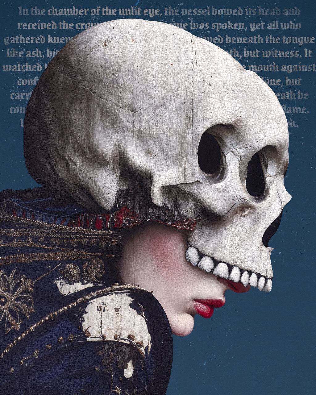Close-up of a surreal skull-masked figure with red lips.