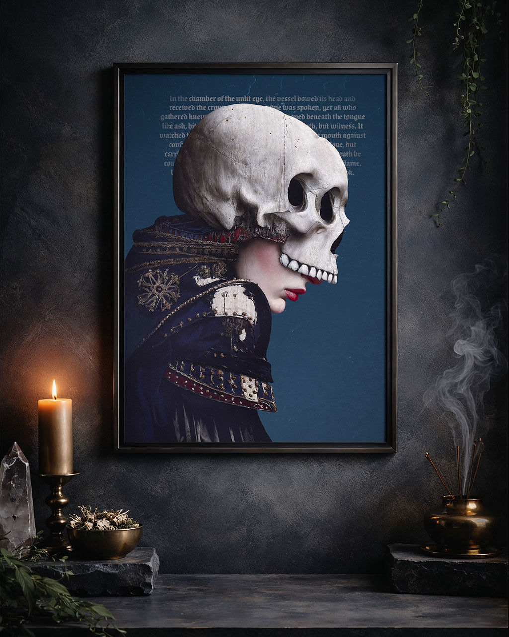 Framed Chamber of the unlit eye poster on a dark wall with candles, smoke and ritual objects.
