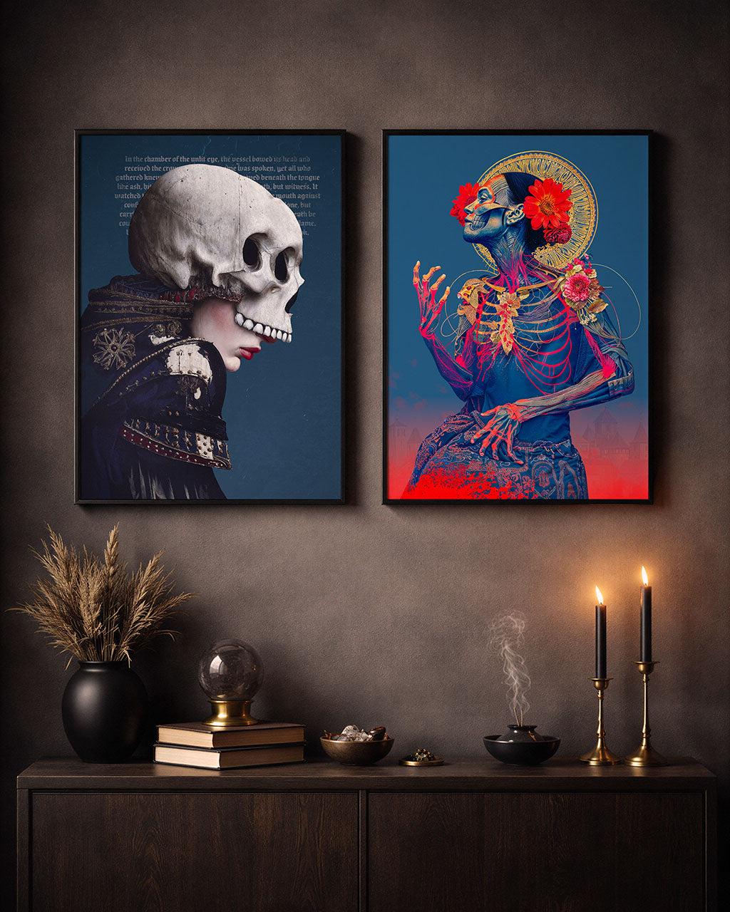 Two framed surreal art posters displayed above a cabinet with candles and dark decorative objects.