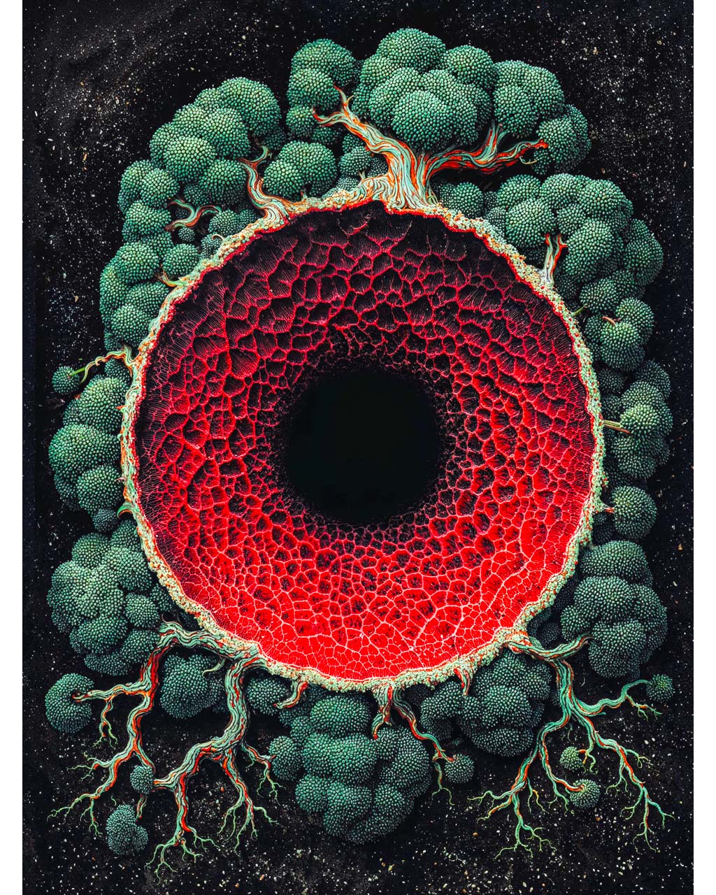 Surreal art poster featuring a glowing crimson void surrounded by organic tree-like forms against a dark cosmic background