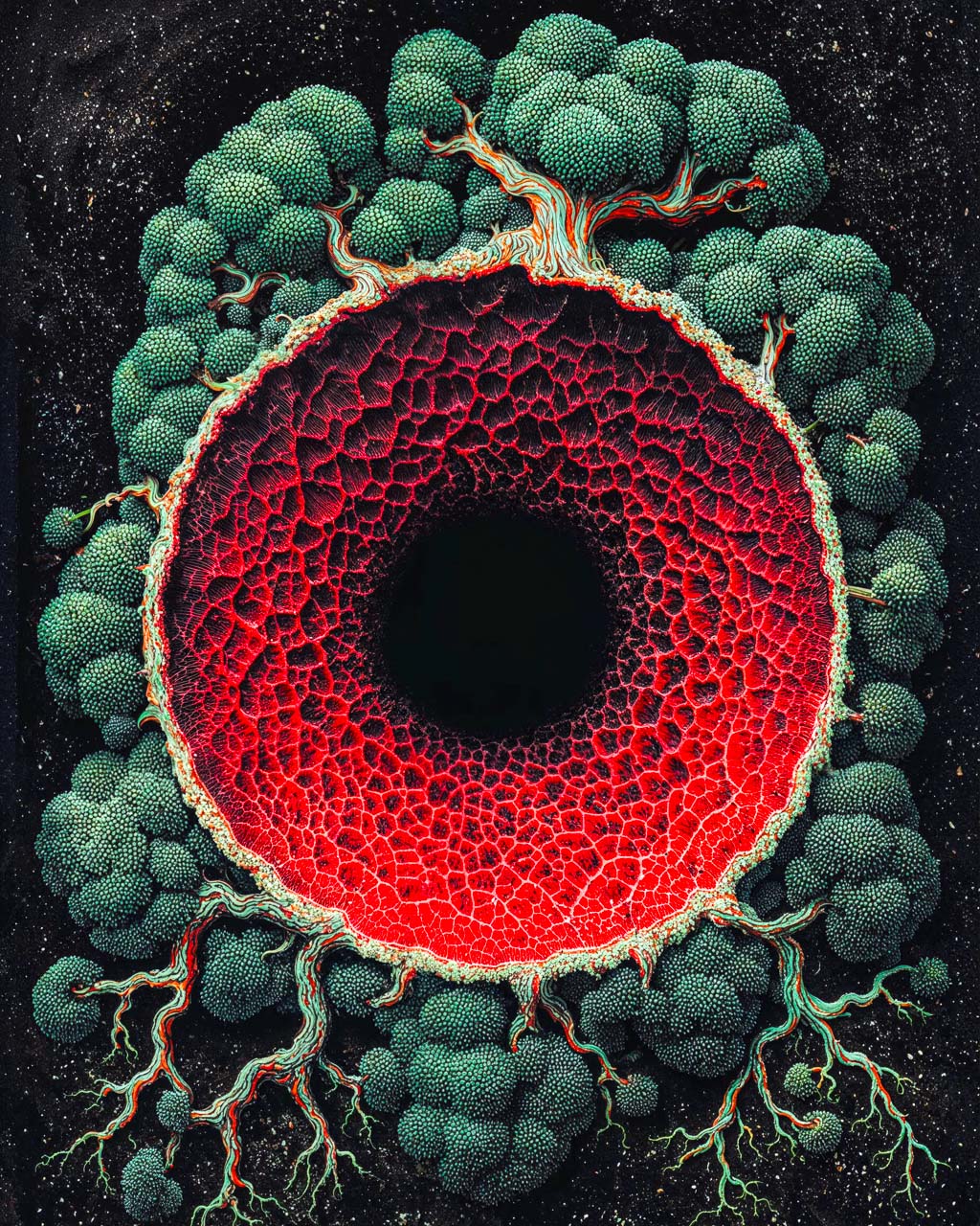 Surreal art poster featuring a glowing crimson void surrounded by organic tree-like forms against a dark cosmic background
