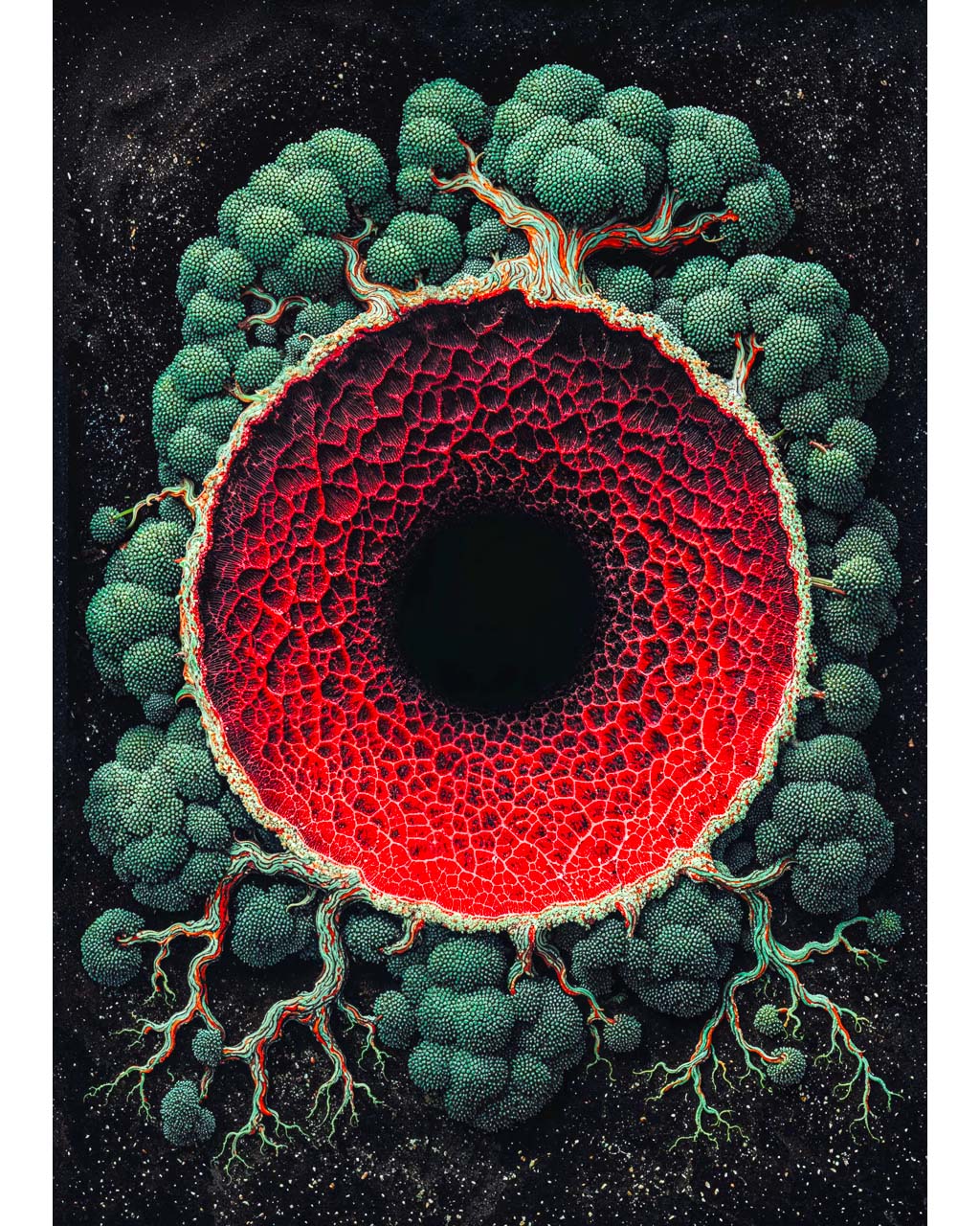 Surreal art poster featuring a glowing crimson void surrounded by organic tree-like forms against a dark cosmic background