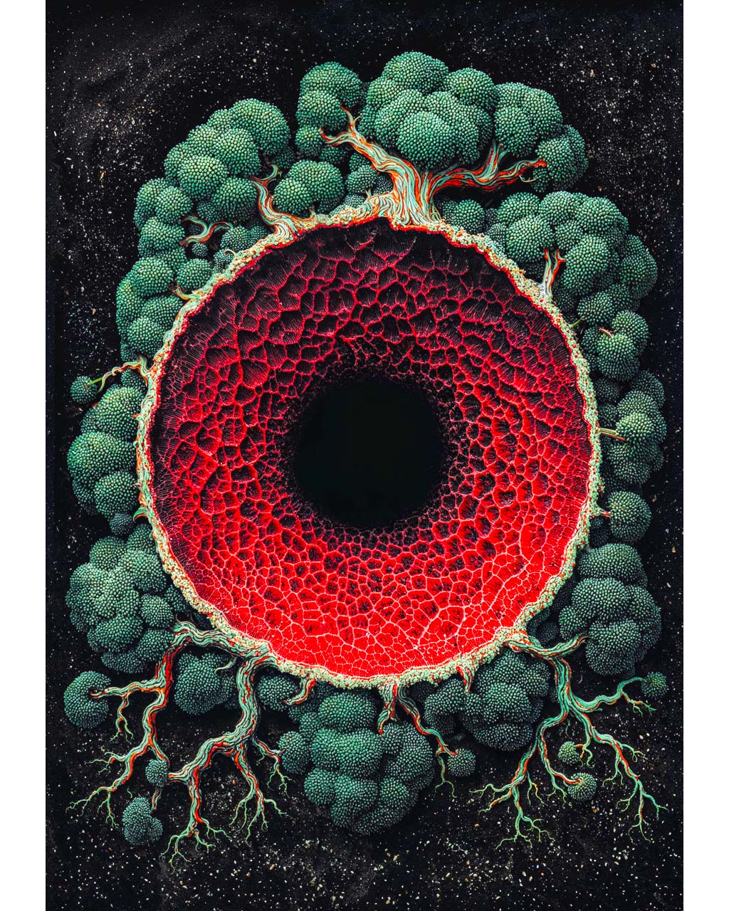 Surreal art poster featuring a glowing crimson void surrounded by organic tree-like forms against a dark cosmic background