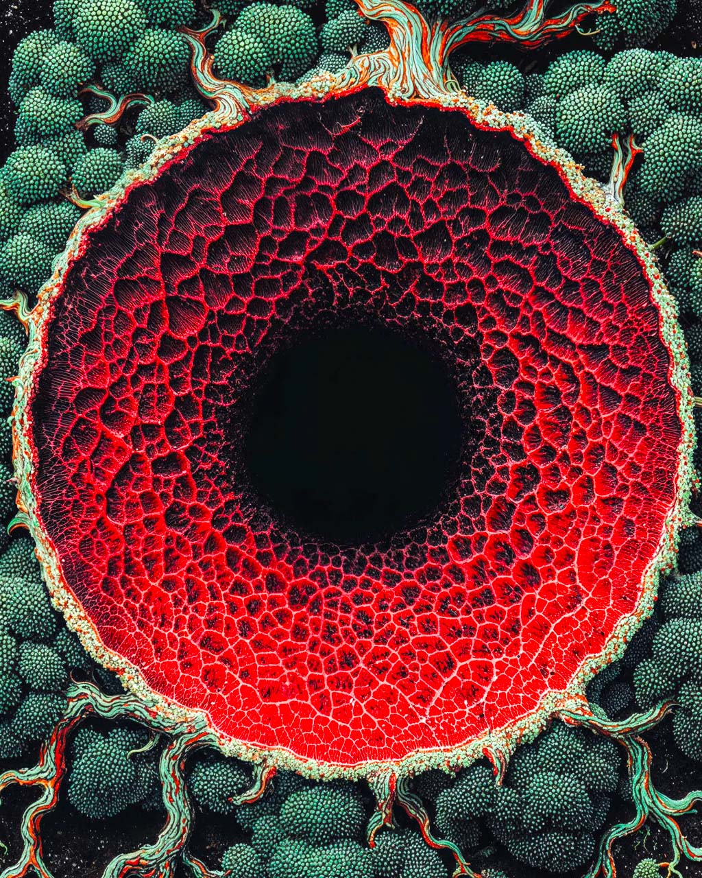 A closeup of a surreal art poster featuring a glowing crimson void.