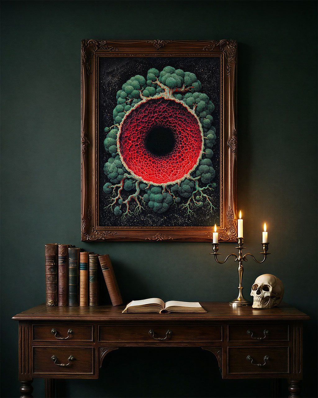 Framed Crimson Void poster displayed above a dark wooden desk with candles, books and a skull in a moody interior setting.