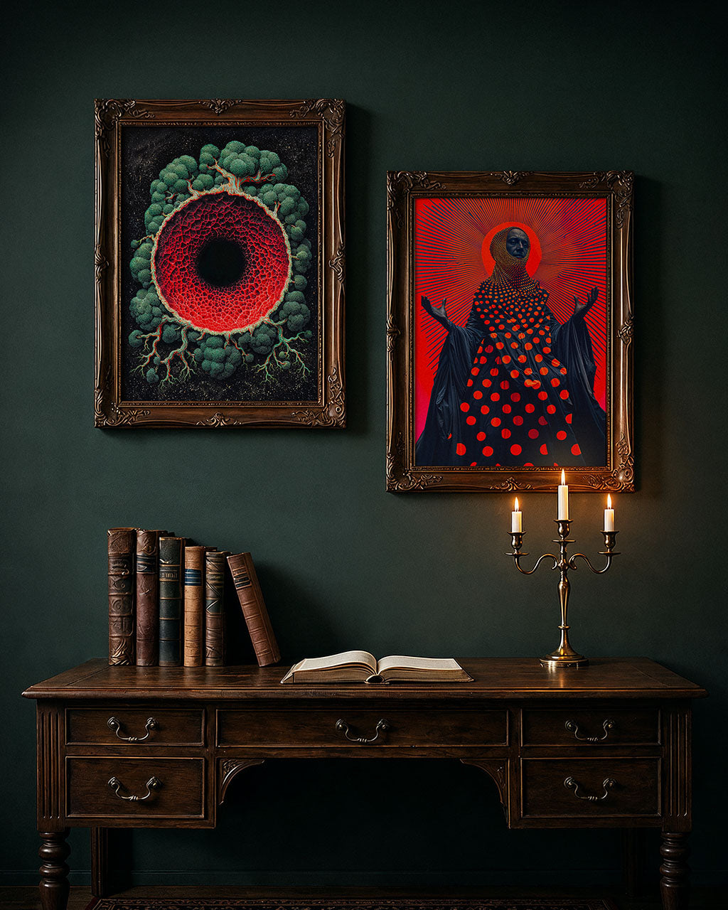 Two surreal art posters in ornate frames above a vintage wooden desk with candlelight ambience.