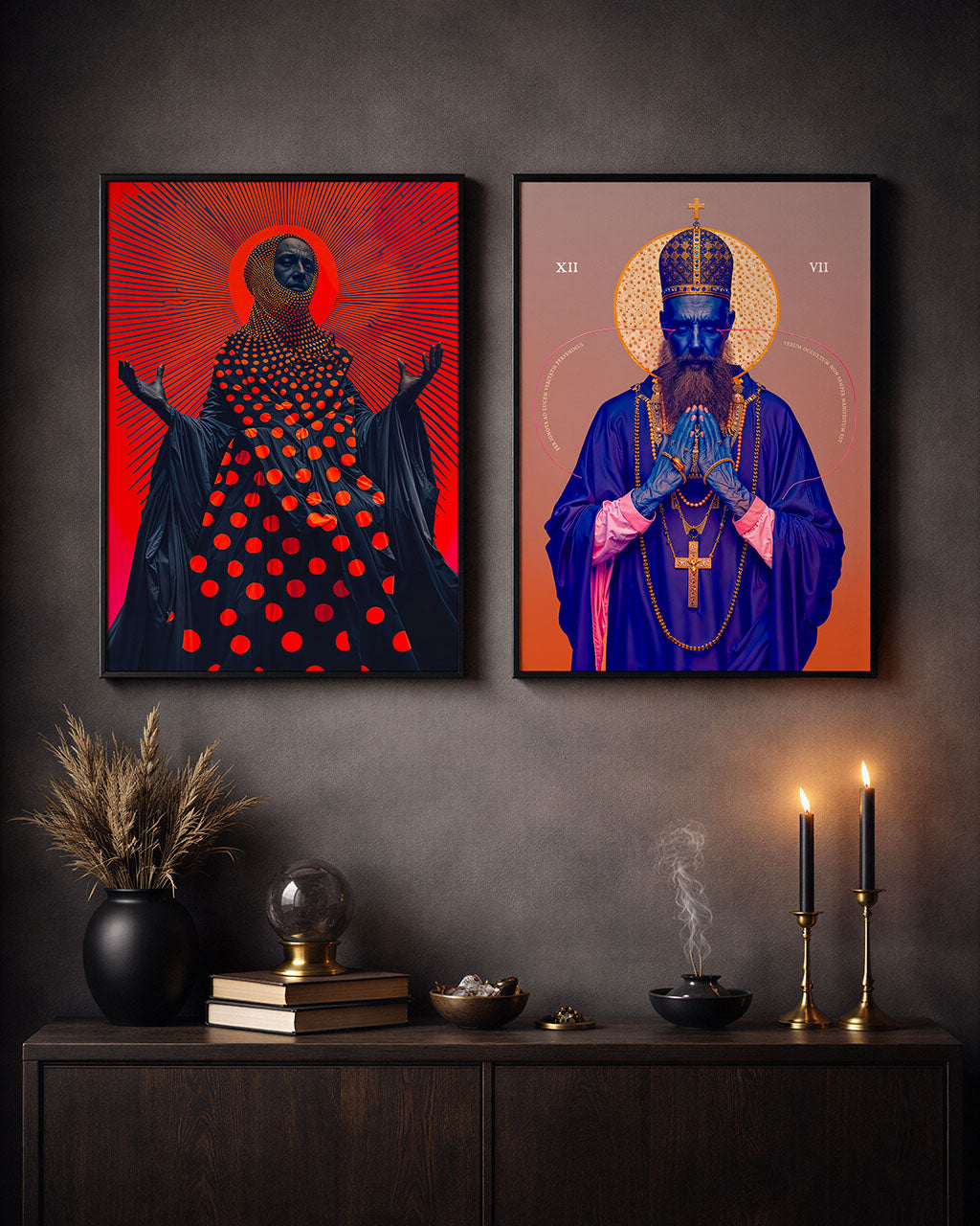 Two artistic portraits on a wall with a dark wooden shelf below.